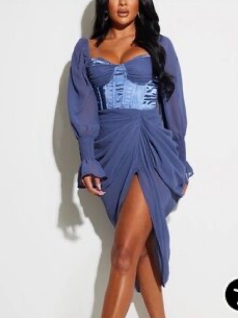 Pretty little thing Blue Ruched Corset Midi Dress with Long Sleeves